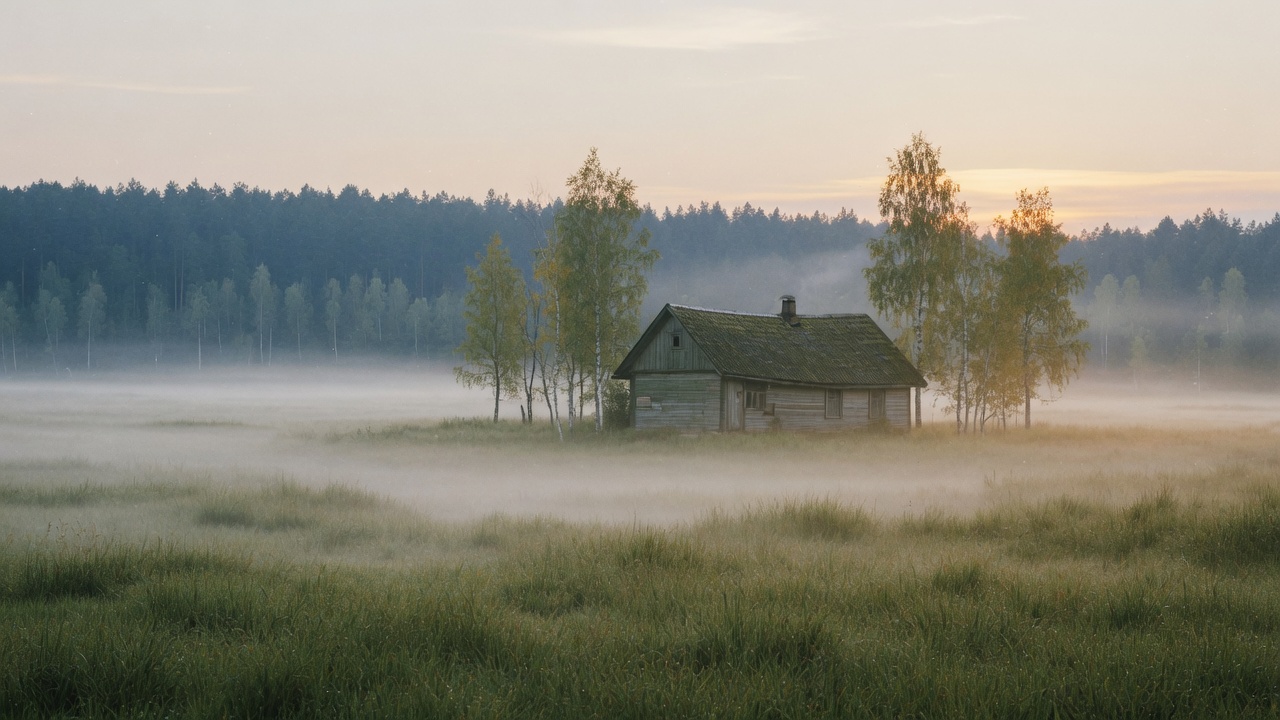 Latvian farmhouse in morning mist