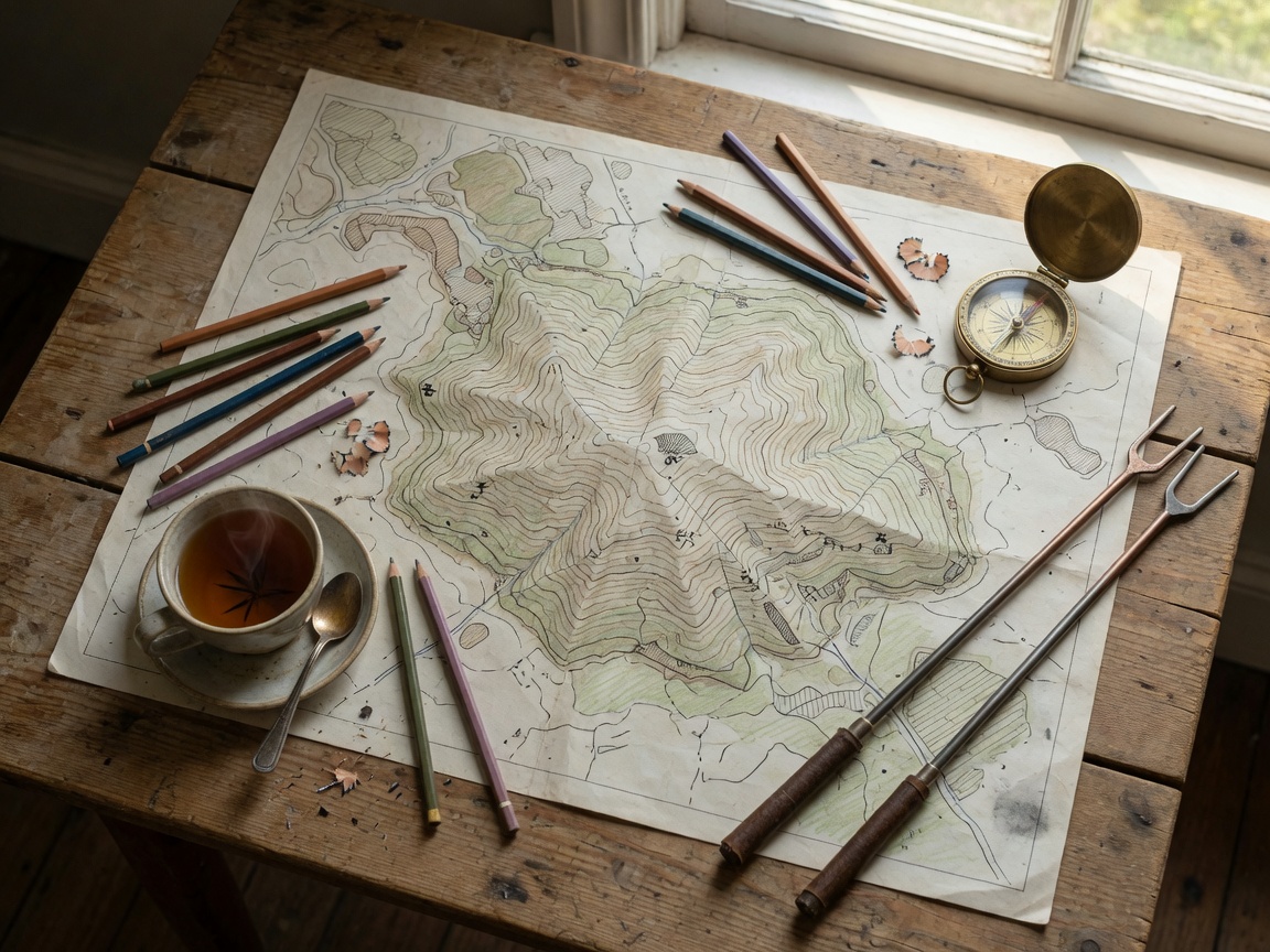 Map, compass and rods on a table