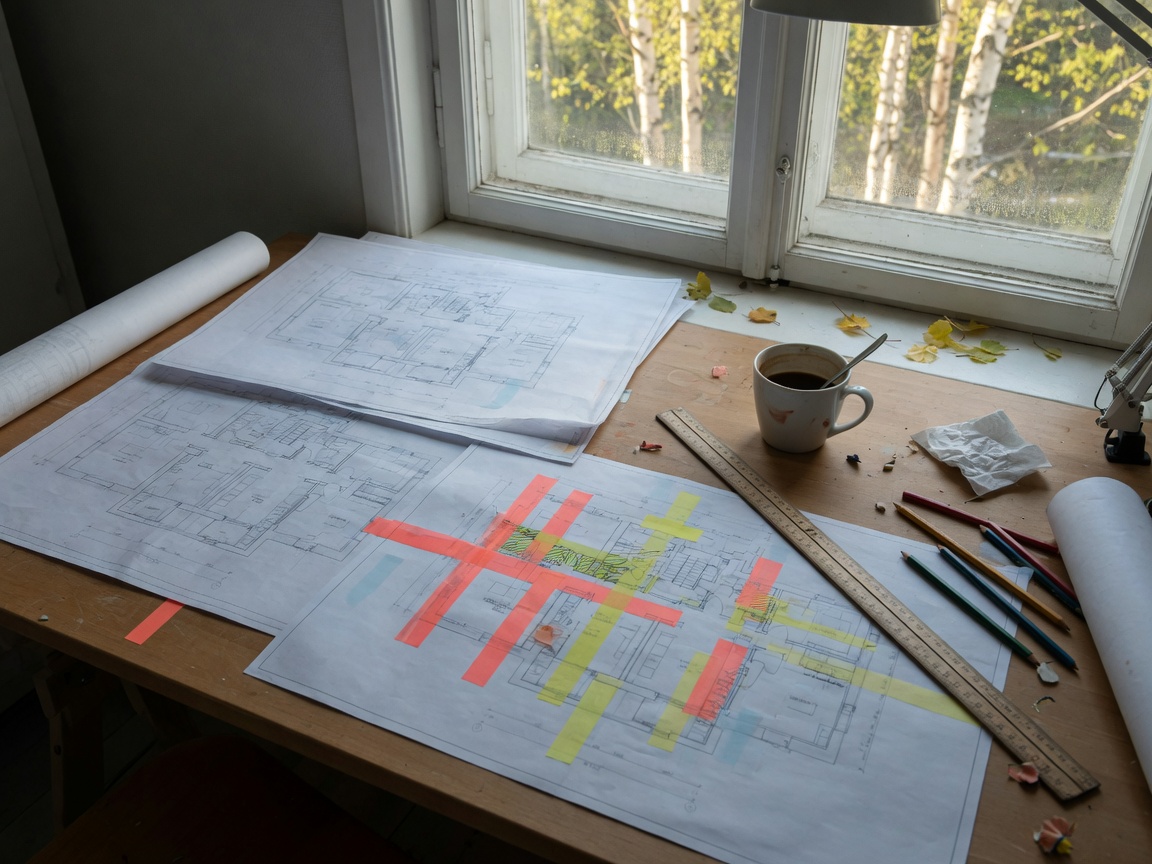 Floor plan with vein overlays on a desk